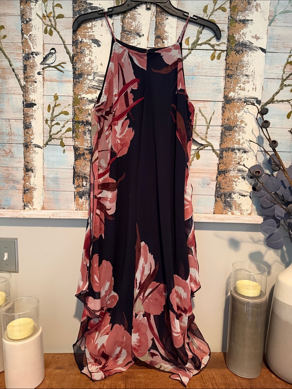 Enfocus Studio Black Maxi Skirt with Dusty Rose Floral Handkerchief Hem